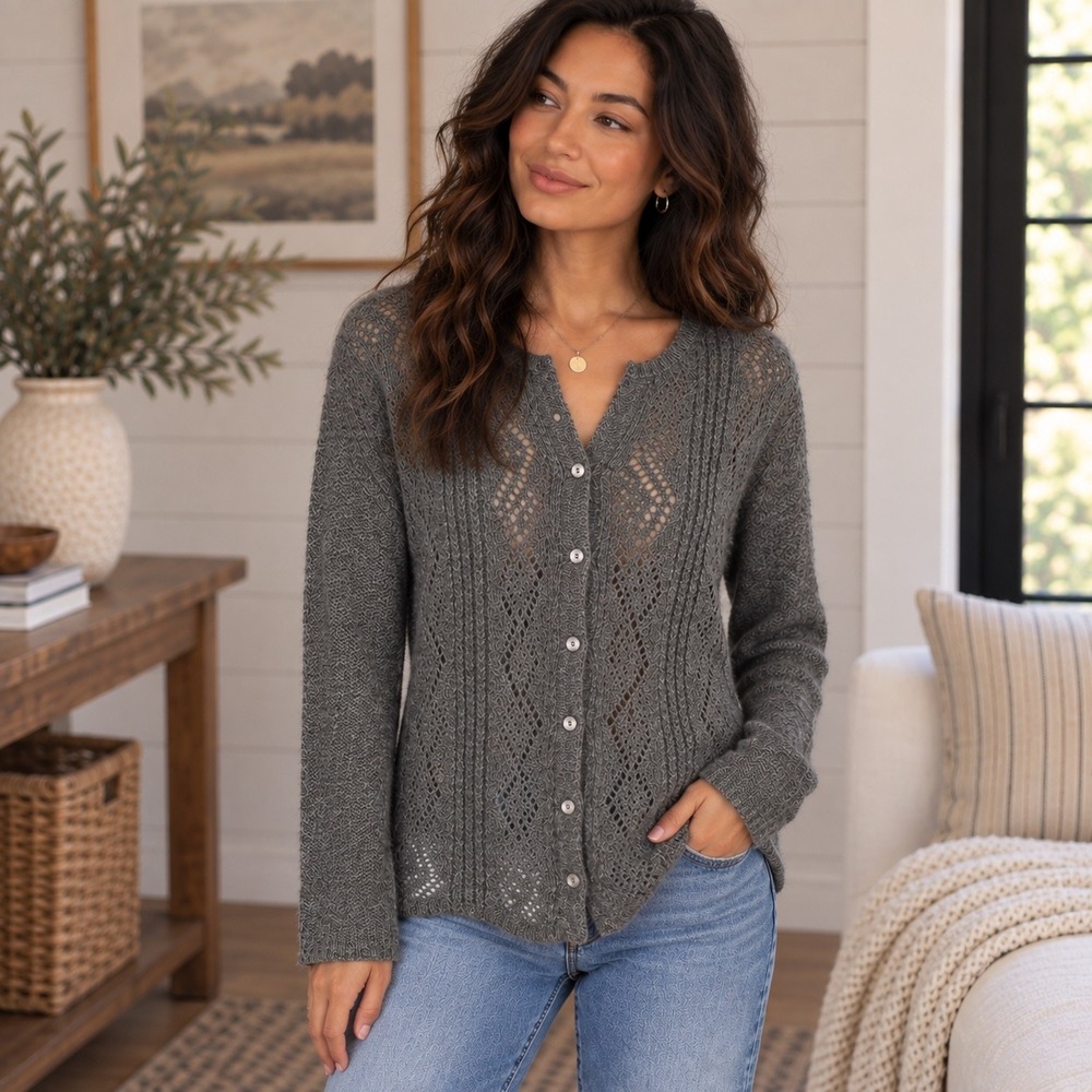 Vintage Chandler Hill Women's L Gray Mohair Blend Openwork Knit Button Cardigan